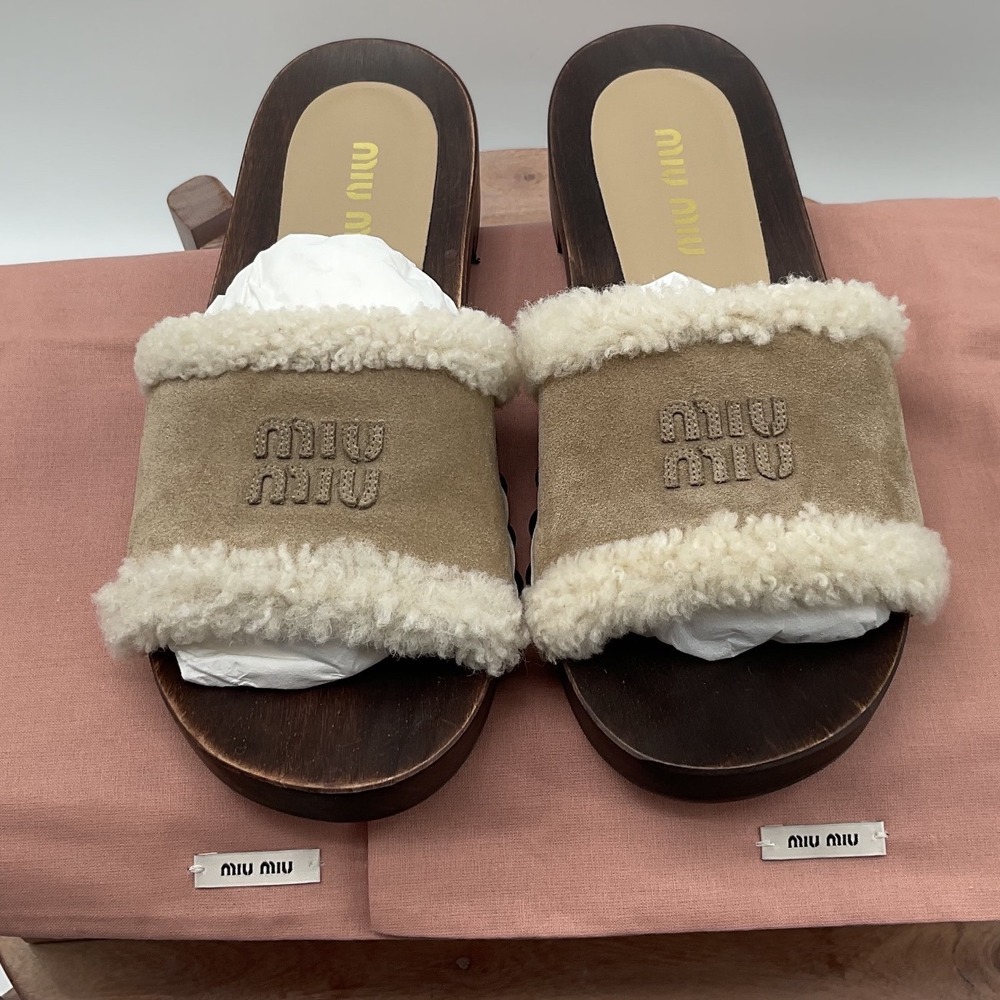 Miu Miu Zoccoli Clog Sandal Tan Suede Shearling Wood Platform Slide 36 $1020